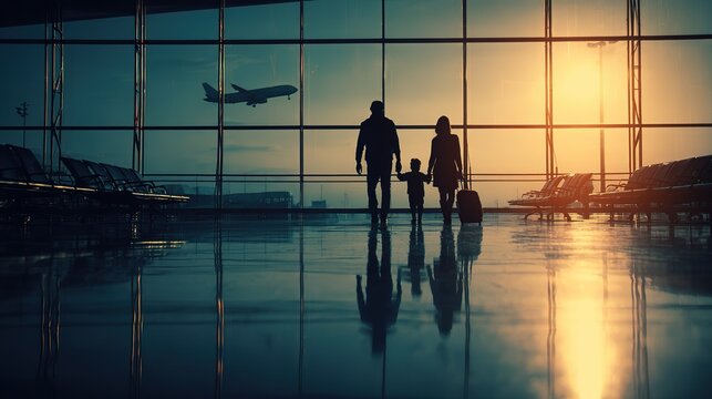 Silhouette of family walking in airport terminal during sunset