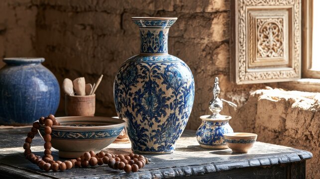 Traditional blue and white ceramic vase and pottery on a rustic table in sunlight. Ideal for cultural heritage and artisan craft themes.