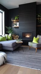 Obraz premium Modern dark living room interior with black fireplace and green accents