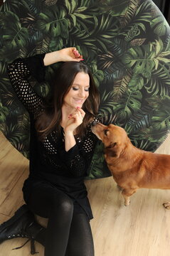 mulher feliz com cachorro caramelo 