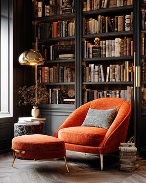 Cozy orange velvet armchair and ottoman in a dark home library