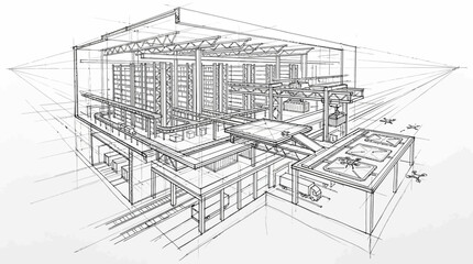 Fototapeta premium Automated warehouse architectural sketch displays interior storage systems and logistics conveyor machinery.