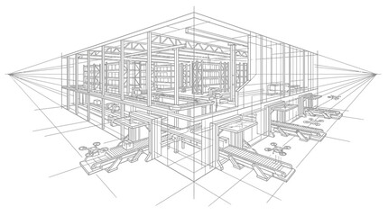 Naklejka premium Industrial distribution center blueprint depicts automated conveyor systems and storage shelving in a wireframe outline.