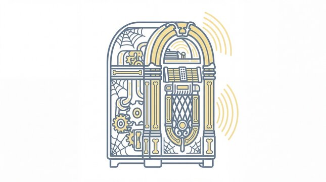 Haunted antique jukebox line art illustration with cobwebs and bone motifs emitting sound waves