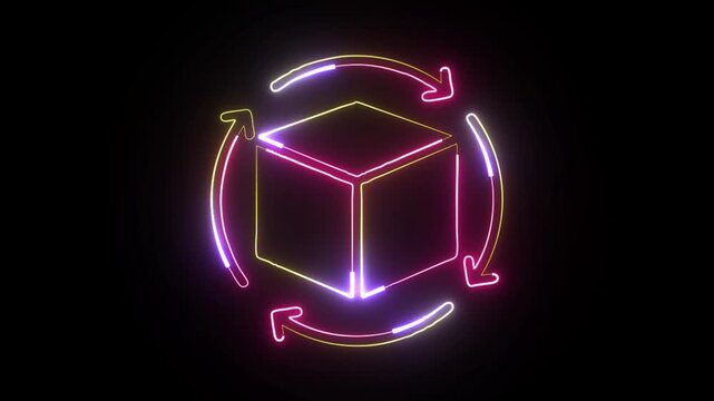 Neon glowing cube surrounded by rotating arrows on a black background a 3D