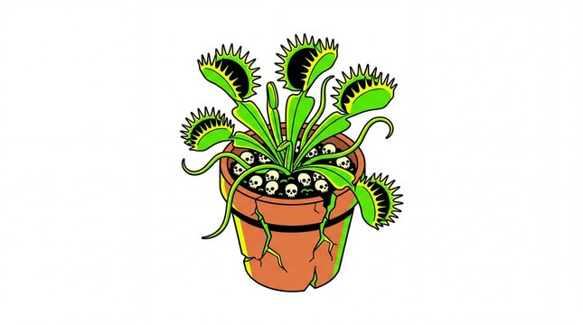 Cartoon illustration of a carnivorous venus flytrap plant with skulls in a cracked pot