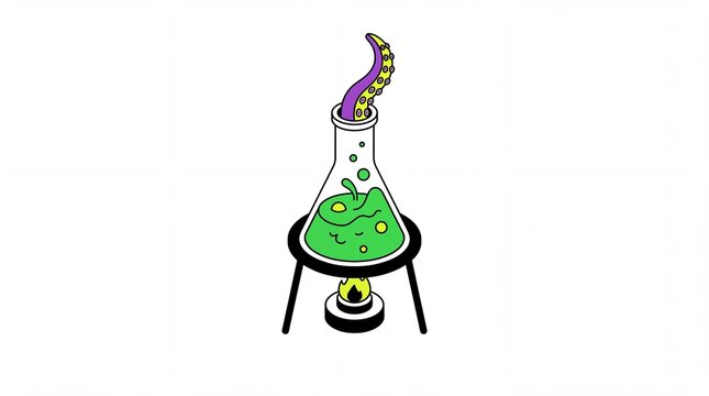 Flat vector illustration of a glass beaker with green liquid and a purple tentacle on a burner
