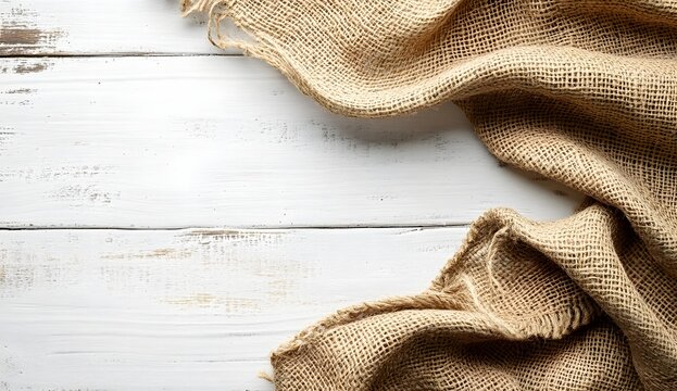 Farmhouse Style Jute Fabric and White Wood Background Texture. 
