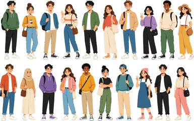 Obraz premium Casual youth fashion vector illustrations of students with modern clothing and accessories