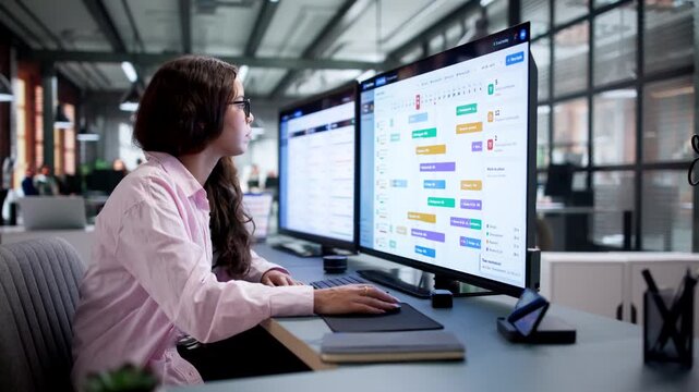 Project Manager Reviews Detailed Gantt Chart On Computer