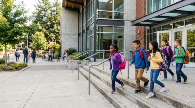 Students Arriving at Modern School Building Entrance on Sunny Day