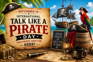Fototapeta premium International talk like a pirate day poster with treasure chest and ship
