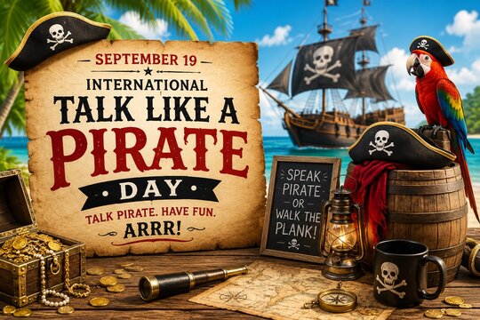 International talk like a pirate day poster with treasure chest and ship