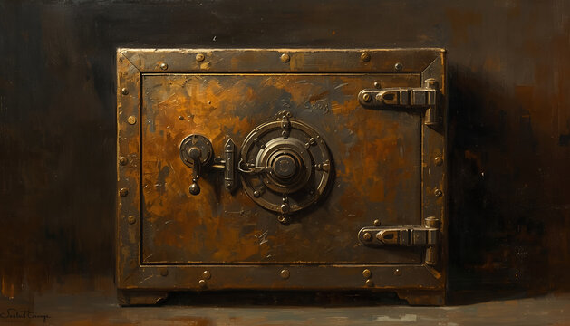 An oil painting of a vintage metal safe with a locking mechanism