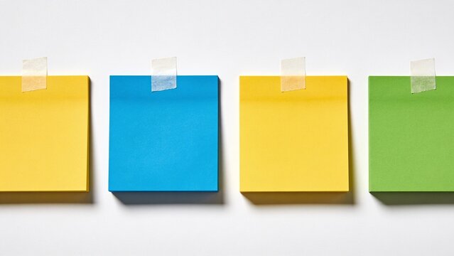 a minimalist layout with four square sticky notes aligned horizontally against a white background. Each note is distinct in color: yellow, blue, yellow, and green from left to right. The sticky notes 