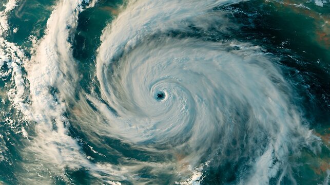 Satellite view of a powerful tropical cyclone with a clear eye over the ocean, illustrating hurricane intensity, extreme weather and storm forecasting