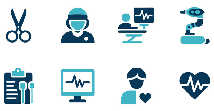 Set of medical and healthcare icons featuring surgical tools, patient monitoring and diagnostics.