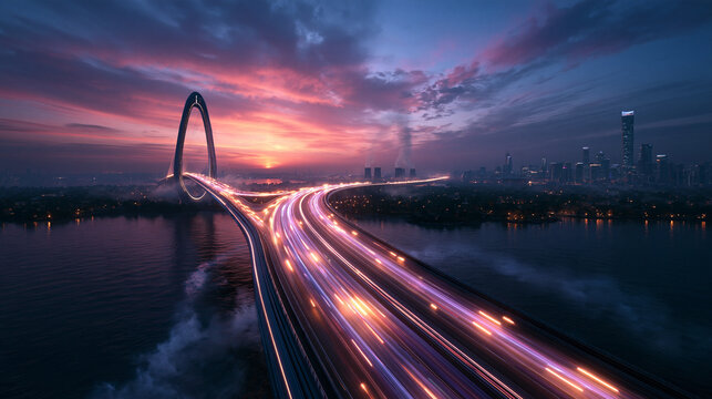 Modern Highway Bridge with Traffic Light Trails at Sunset in Hangzhou