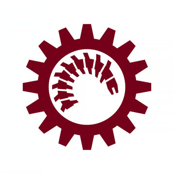 Maroon gear icon with human silhouette figures forming cog teeth industry teamwork concept illustration