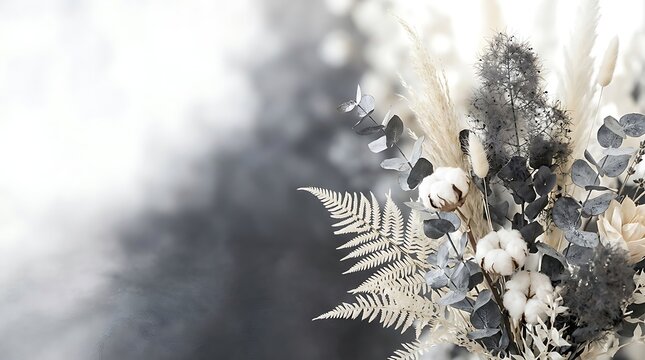 A delicate floral arrangement featuring pampas grass cotton stems and fern fronds presents a muted grayscale aesthetic