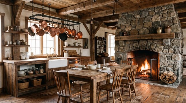 Rustic Farmhouse Kitchen Interior with Stone Fireplace and Wooden Table