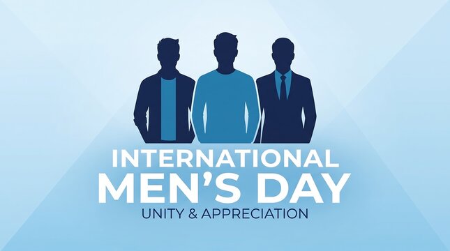 International Men's Day banner, unity and appreciation concept with male silhouettes, blue geometric background for social media