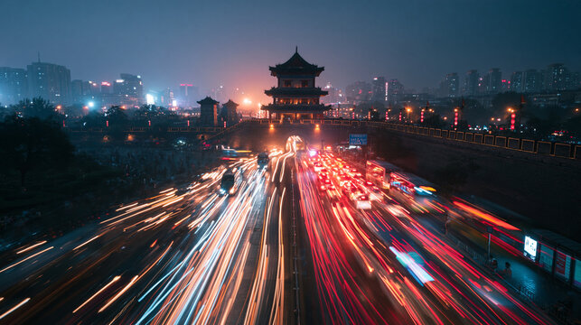 Traffic Light Trails by Historic City Gate at Night in Xi'an'