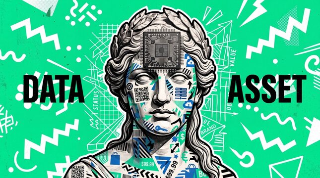 Digital Data Asset Concept with Classical Sculpture and Microchip