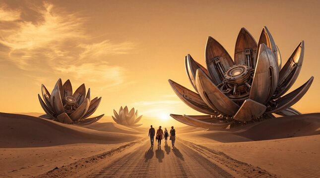 Explorers Walking Past Giant Mechanical Lotus Flowers in Desert