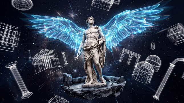 Classical Statue with Glowing Digital Wings in Space