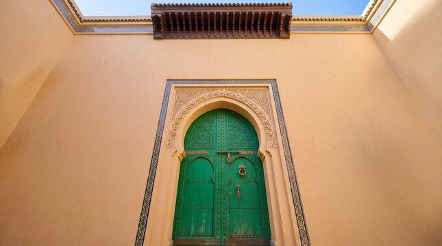 Traditional Green Moroccan Arched Door in Courtyard