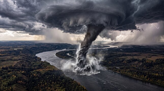 Massive Tornado Over River During Severe Thunderstorm