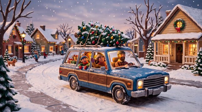 Family Driving Car with Christmas Tree in Winter Village