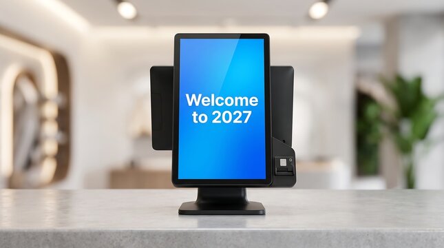 Modern digital kiosk with Welcome to 2027 text, sleek interactive touch screen terminal, futuristic self-service point of sale in bright lobby