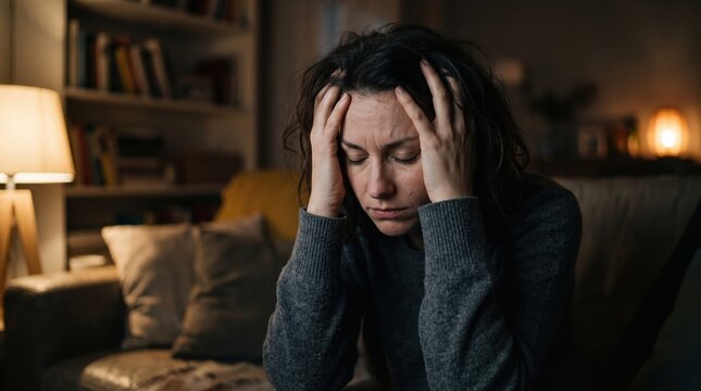 Stressed woman with head in hands at home