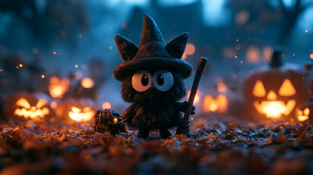 Cute Halloween Monster Character in Witch Hat Beside Pumpkins