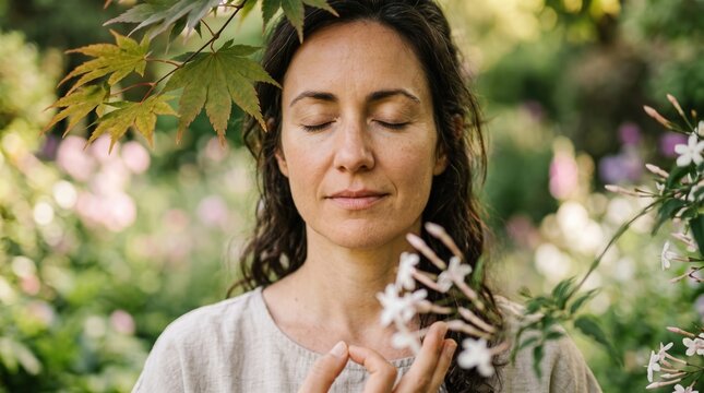 Mindful woman meditating in nature
