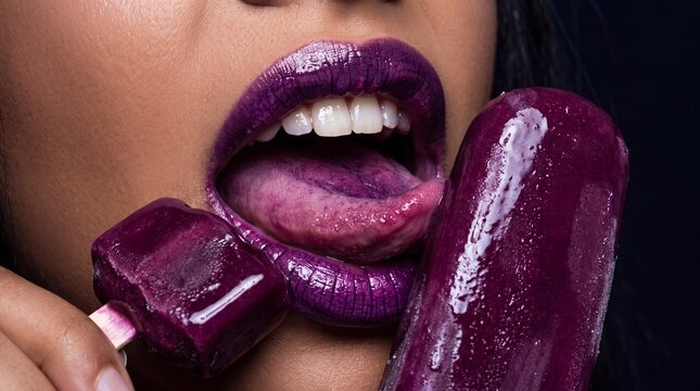 Woman with Purple Lipstick Licking Frozen Fruit Popsicle