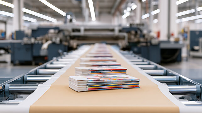 Industrial offset printing press machine in a modern factory setting with stacks of freshly produced paper brochures moving along a conveyor belt