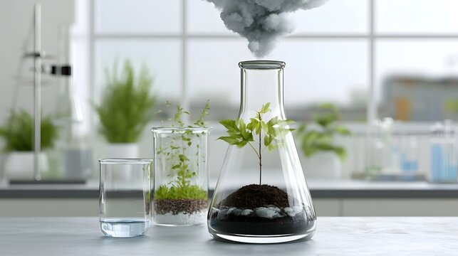 A small plant grows in soil inside a glass flask with smoke rising from above  set on a lab bench with other glass containers and greenery