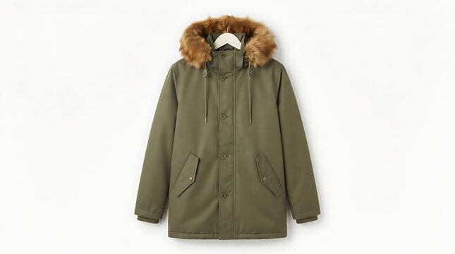 Green parka jacket with faux fur hood isolated on white background for winter fashion retail.