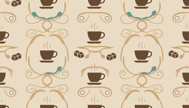 Seamless pattern background with repeating coffee cups sugar cubes and elegant brown swirls on a warm beige background for cafe branding.