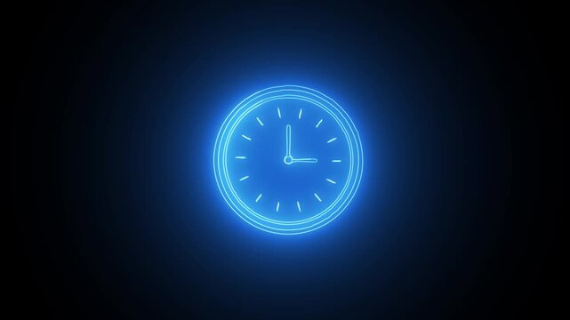 Glowing blue neon analog clock isolated on a dark background for futuristic digital interface