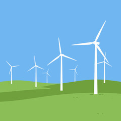 Fototapeta premium Modern White Wind Turbines Standing in a Lush Green Rolling Hills Landscape Under a Clear Blue Sky for Sustainable Renewable Energy Production Concept Illustration