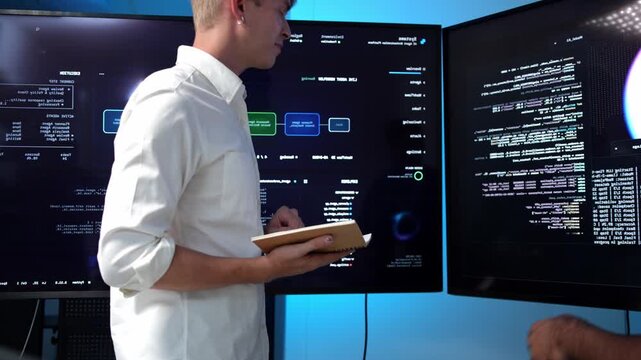 Collaborative programming session diverse developers analyzing code on multiple screens in modern workspace