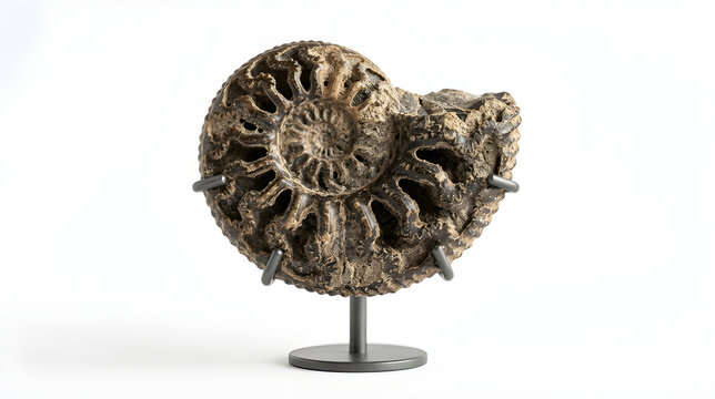 Ancient ammonite fossil specimen displayed on a metal stand against a white background.