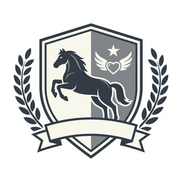 Black horse running on shield with heart star wings