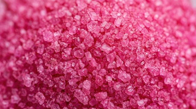 A detailed close up view of bright pink himalayan salt crystals forming a beautiful textured backdrop for health wellness and natural lifestyle themes