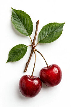 Close-up of cherry tree leaves with pair of red cherries on a white background. PNG