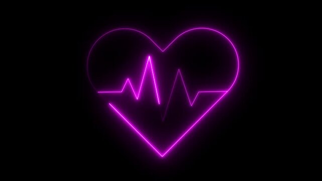 Neon heartbeat ekg pulse line animation on black background, for medical and, romantic concepts, heart rate